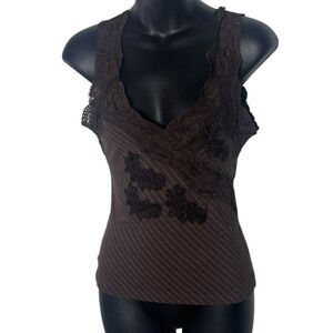 Express vintage y2k women’s medium top chocolate brown stripe babydoll lace